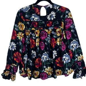 Ellane Rose Black Floral Long Sleeve Keyhole Neck Boho Blouse Top S‎